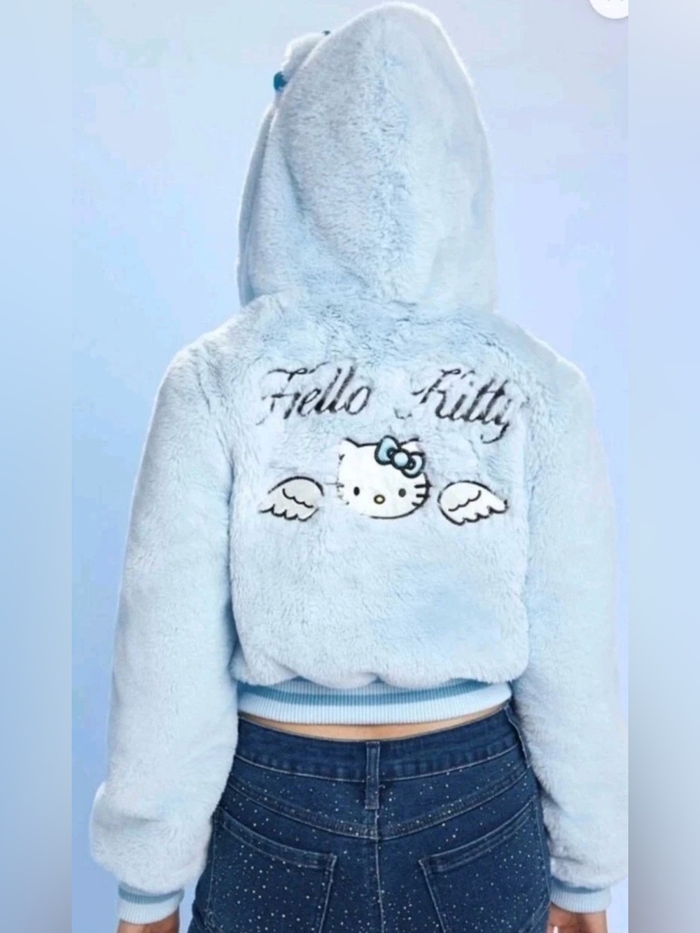 NWT Hello Kitty Forever 21 Blue Angel Zip Up Crop Hoodie Fur Jacket MED